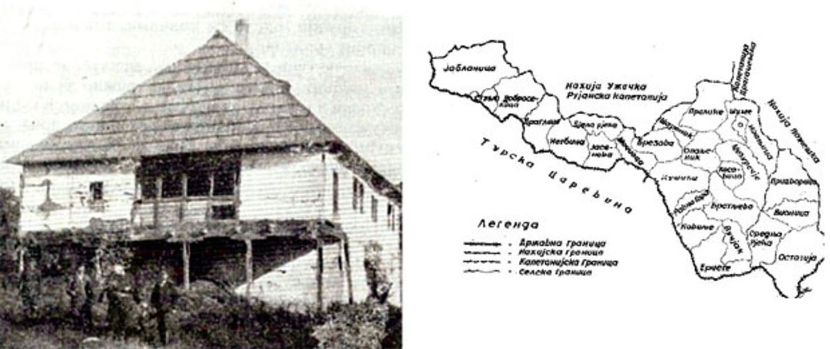 Конак сердара Јована Мићића у Чајетини (лево) и подељени Стари Влах, села припојена Србији 1834.